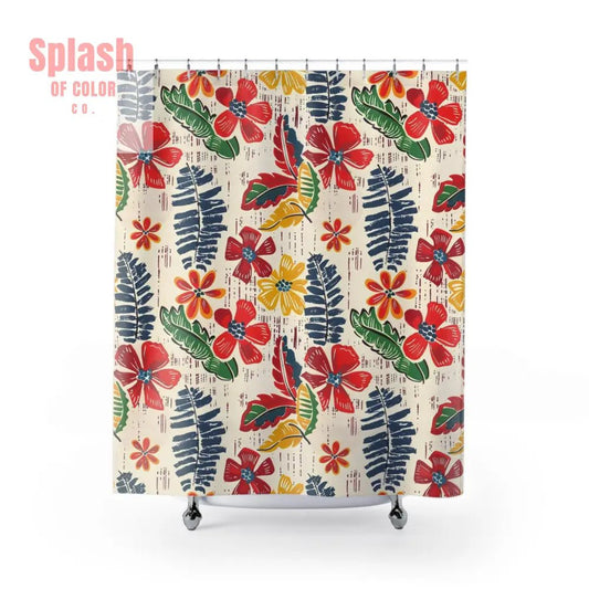 Vibrant Floral Heritage Shower Curtain Citrus Green, Blue, Yellow Tropical Vibe Preppy Boho Decor - Splash of Color co.