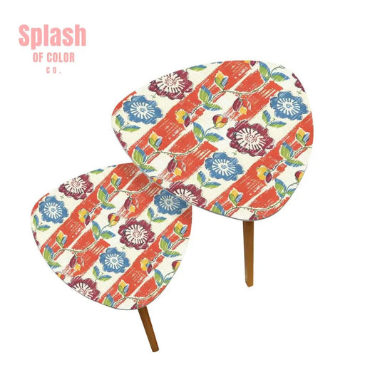 Vintage Floral Heritage Coral Blue Modern Nesting Tables Triangle Coffee Table Set of 2 - Splash of Color co.
