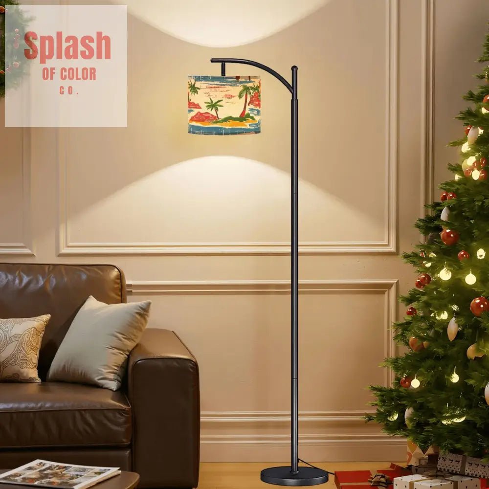 Vintage Floral Paradise Heritage Collection Palm Trees And Beach Modern Arc Floor Lamp - Splash of Color co.