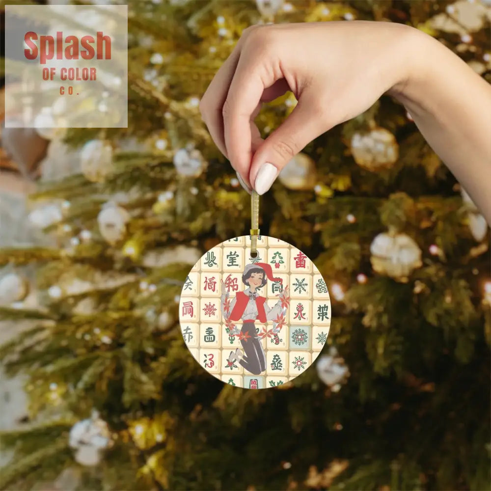 Vintage Inspired Mahjong Tiles Glass Ornament Festive Holiday Mahj Christmas 1 pc / Round / One Size Home Decor