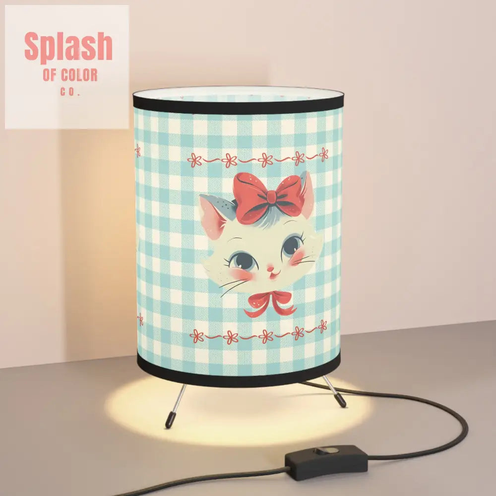 Vintage Kitten Tripod Lamp Country Charm Blue And White Gingham - One size / Black - Home Decor
