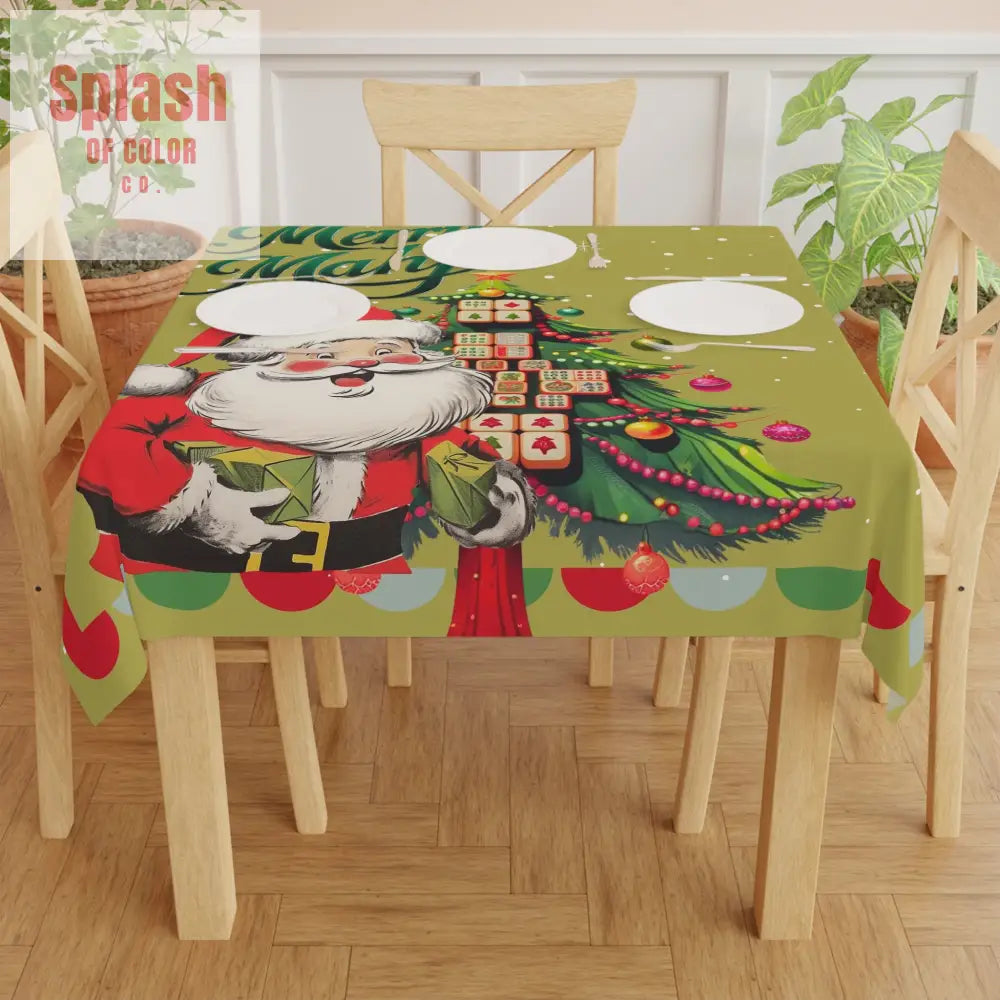 Vintage Santa Mahjong Tablecloth Whimsical Tile Tree Merry Mahj Christmas Tablecloth One size / White Home Decor