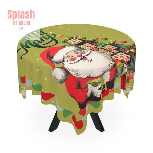 Vintage Santa Mahjong Tablecloth, Whimsical Tile Tree Merry Mahj Christmas Tablecloth - Splash of Color co.