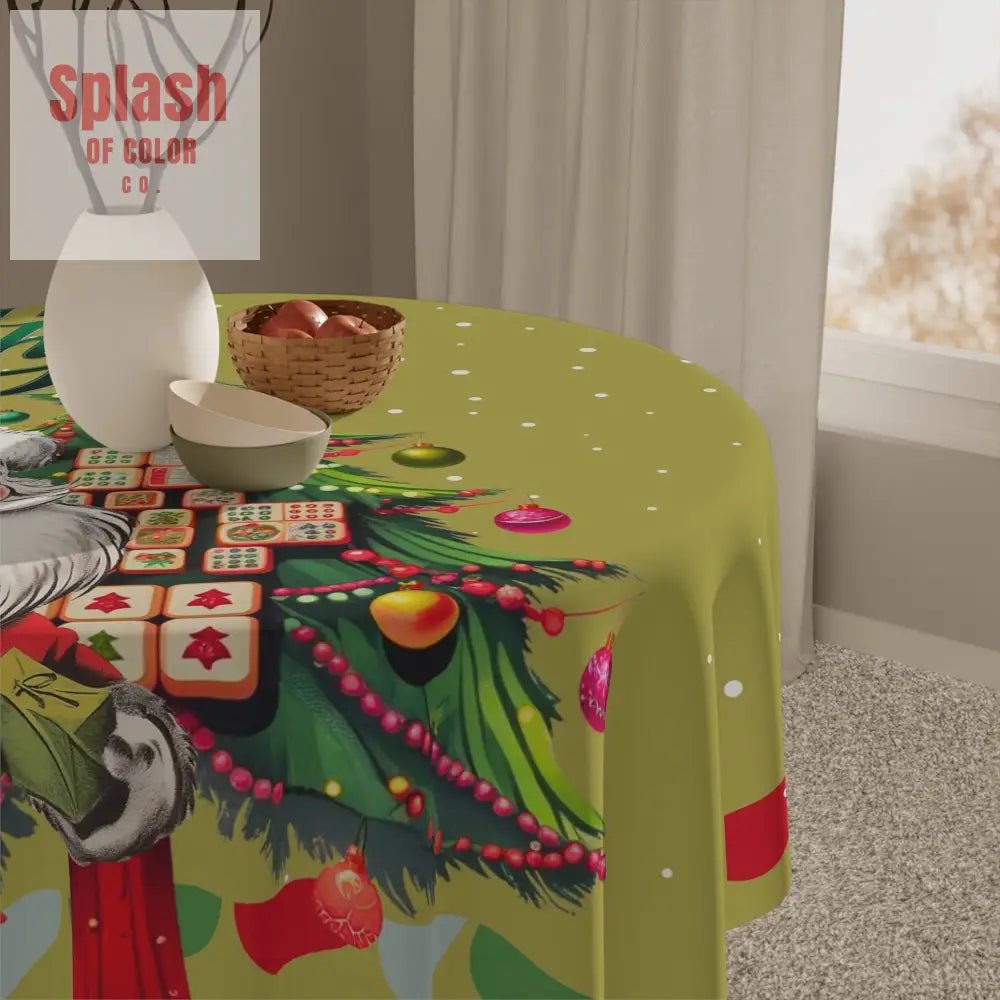 Vintage Santa Mahjong Tablecloth, Whimsical Tile Tree Merry Mahj Christmas Tablecloth - Splash of Color co.
