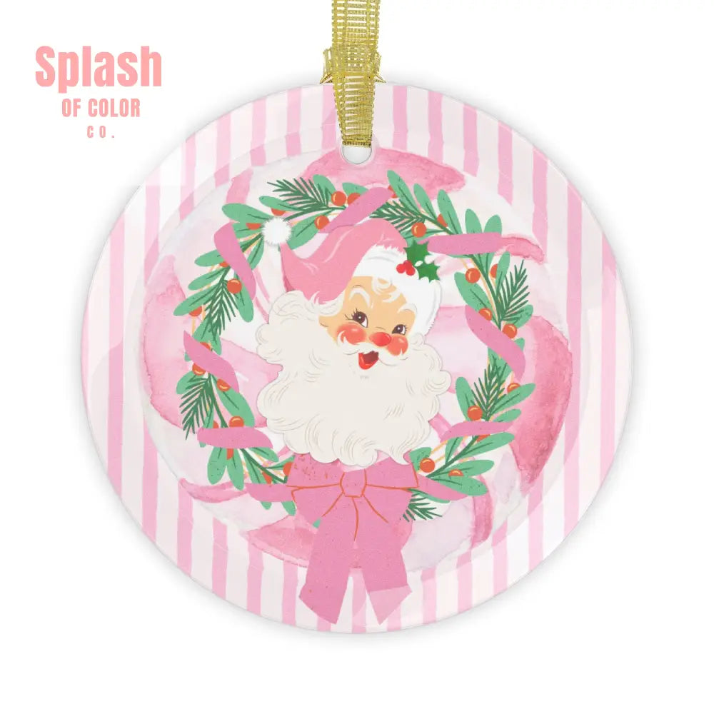 Vintage Santa Pink White Candy Striped Christmas Glass Ornament - 1 pc / Round / One Size - Home Decor