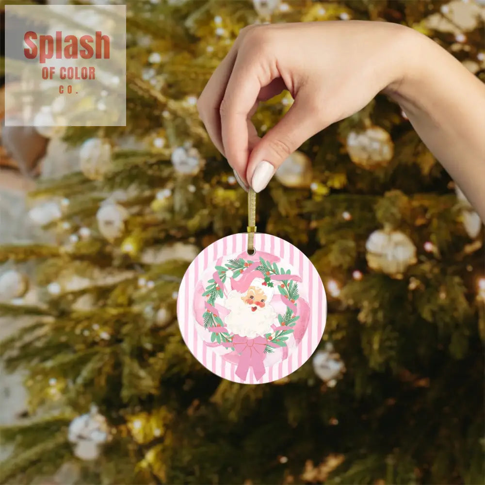 Vintage Santa Pink White Candy Striped Christmas Glass Ornament - 1 pc / Round / One Size - Home Decor