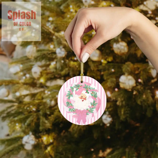 Vintage Santa, Pink White Candy Striped Christmas Glass Ornament - Splash of Color co.