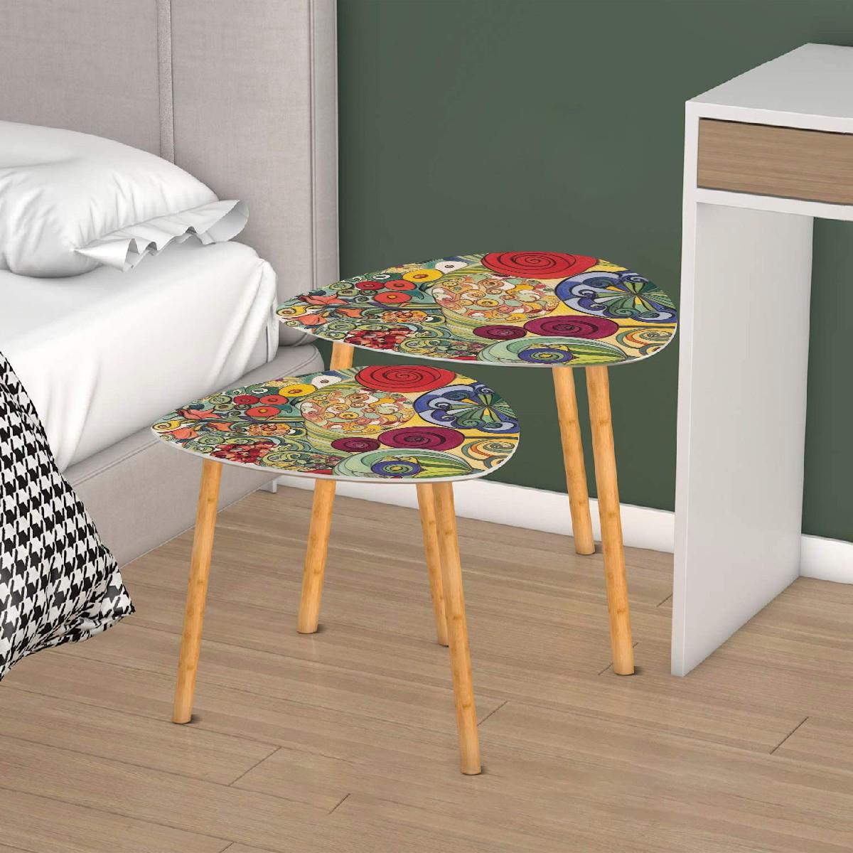 Watercolor Garden Red Green Yellow Bountiful Colors Klimt Inspired Modern Floral Nesting Tables - One Size