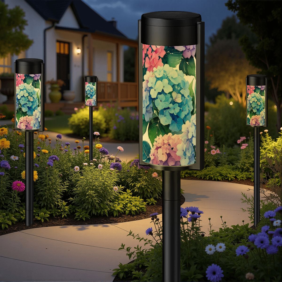 Watercolor Hydrangea Floral Blue Pink Purple Outdoor Garden Solar Lights - 4pcs - Garden Decor