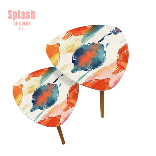 Watercolor Ikat Nesting Tables – Boho Accent Coffee Table Set Bamboo Side Tables for Living Room & Bedroom Decor