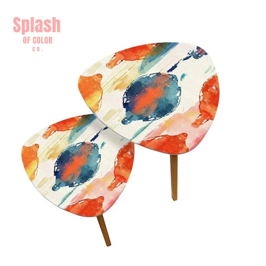 Watercolor Ikat Nesting Tables – Boho Accent Coffee Table Set Bamboo Side Tables for Living Room & Bedroom Decor