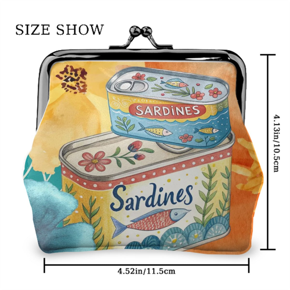 Watercolor Tinned Sardines Women’s Leather Kiss Lock Coin Purse - 4.5’’x4.1’’ - Wallet