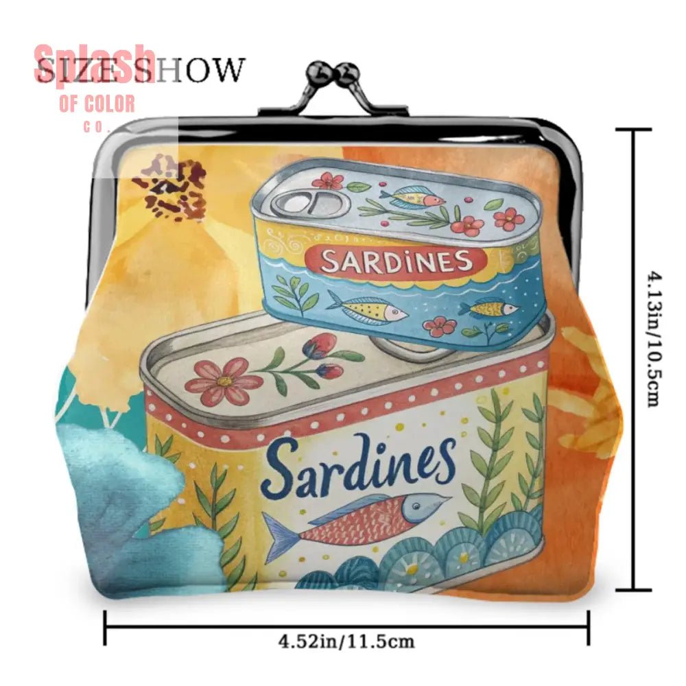 Watercolor Tinned Sardines Women’s Leather Kiss Lock Coin Purse - 4.5’’x4.1’’ - Wallet