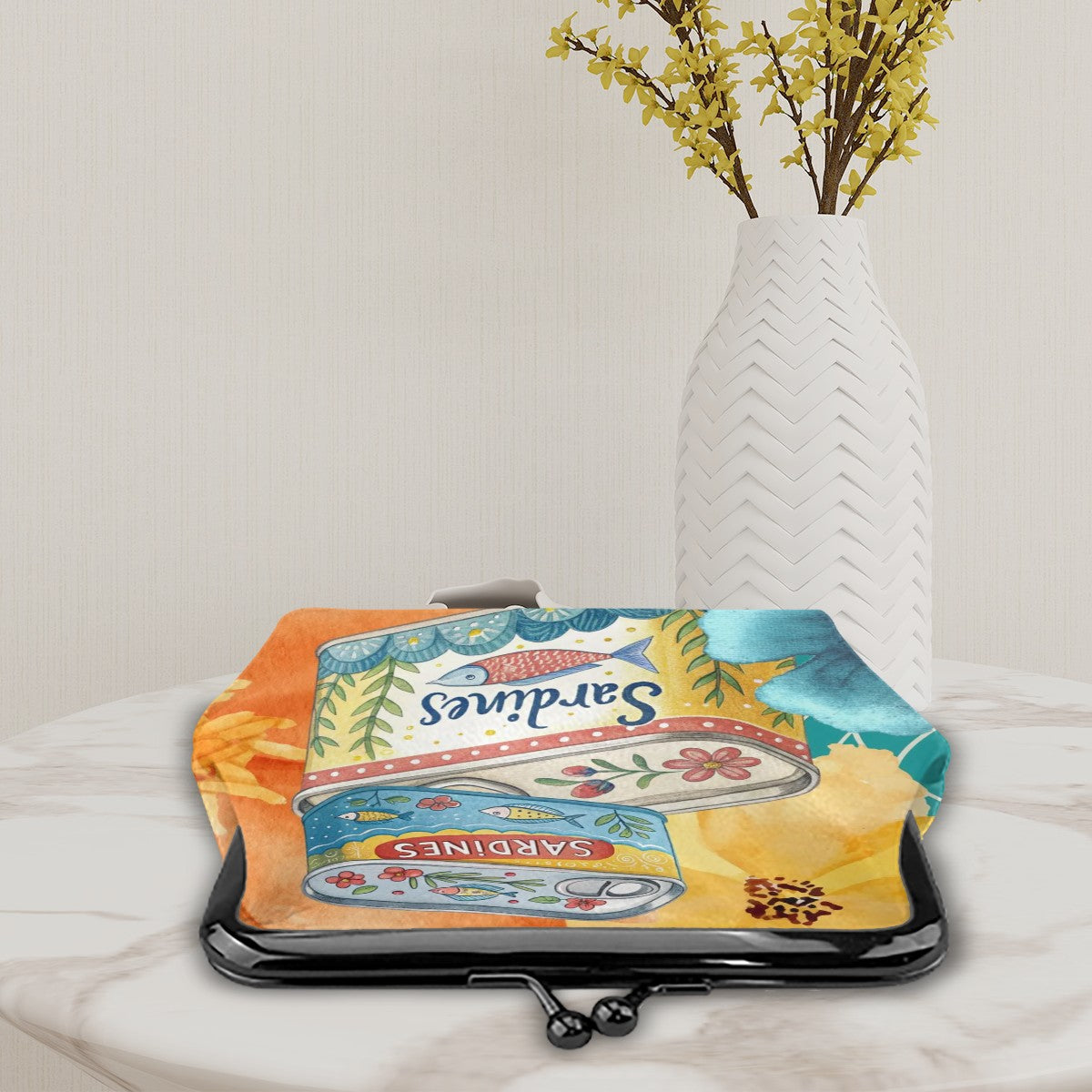 Watercolor Tinned Sardines Women’s Leather Kiss Lock Coin Purse - 4.5’’x4.1’’ - Wallet