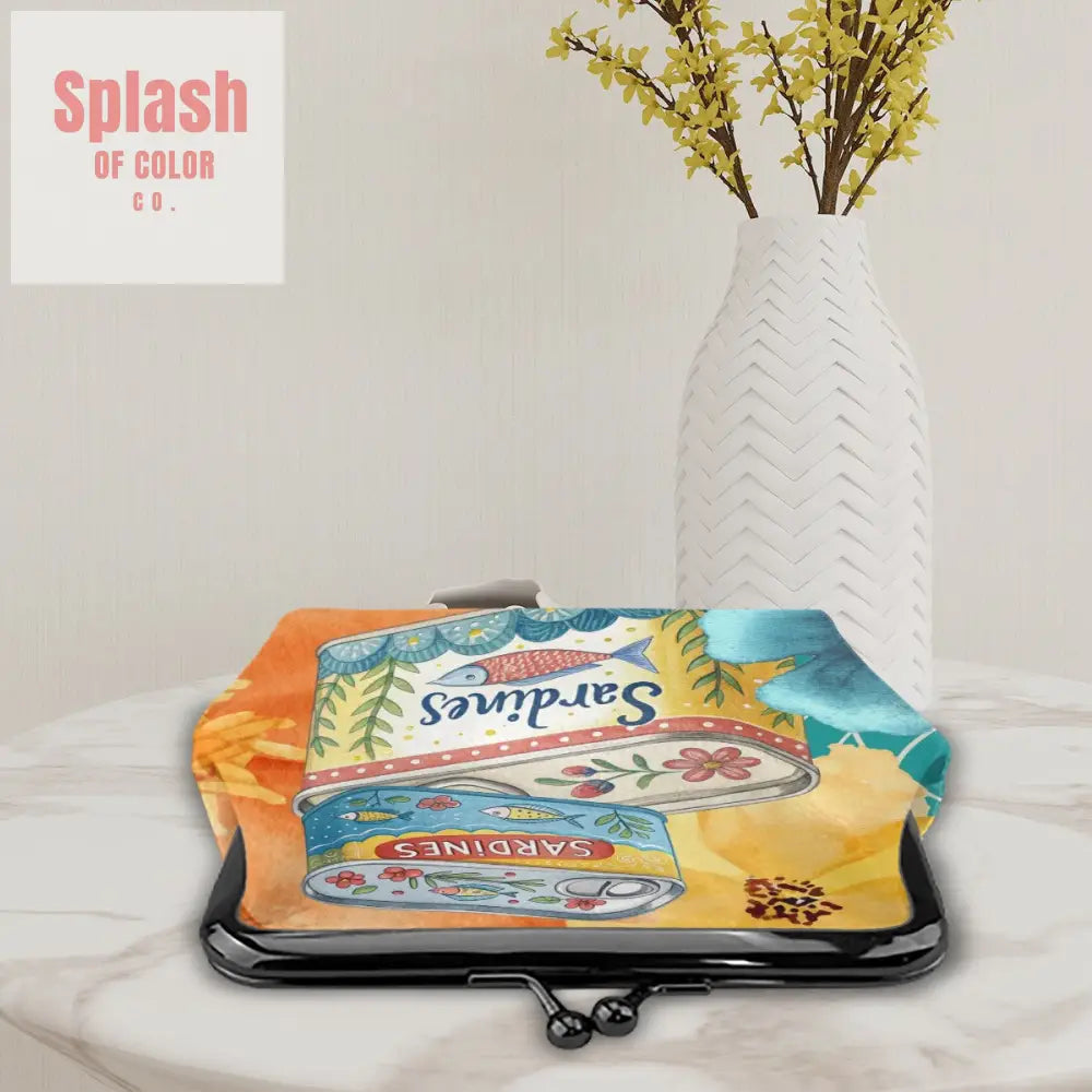 Watercolor Tinned Sardines Women’s Leather Kiss Lock Coin Purse - 4.5’’x4.1’’ - Wallet