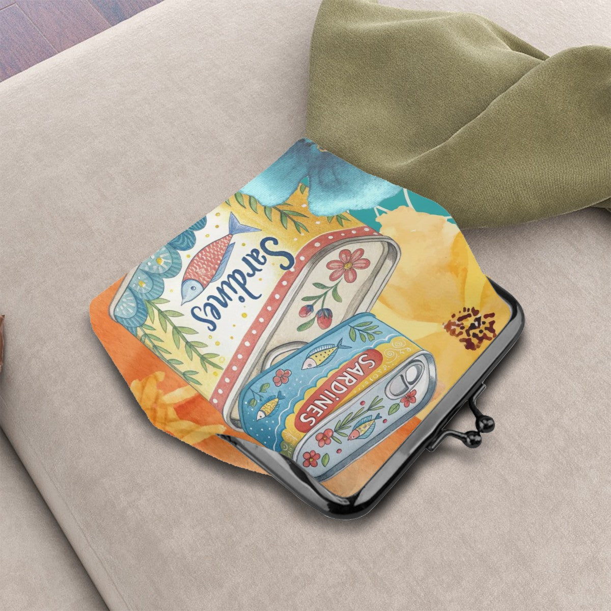 Watercolor Tinned Sardines Women’s Leather Kiss Lock Coin Purse - 4.5’’x4.1’’ - Wallet