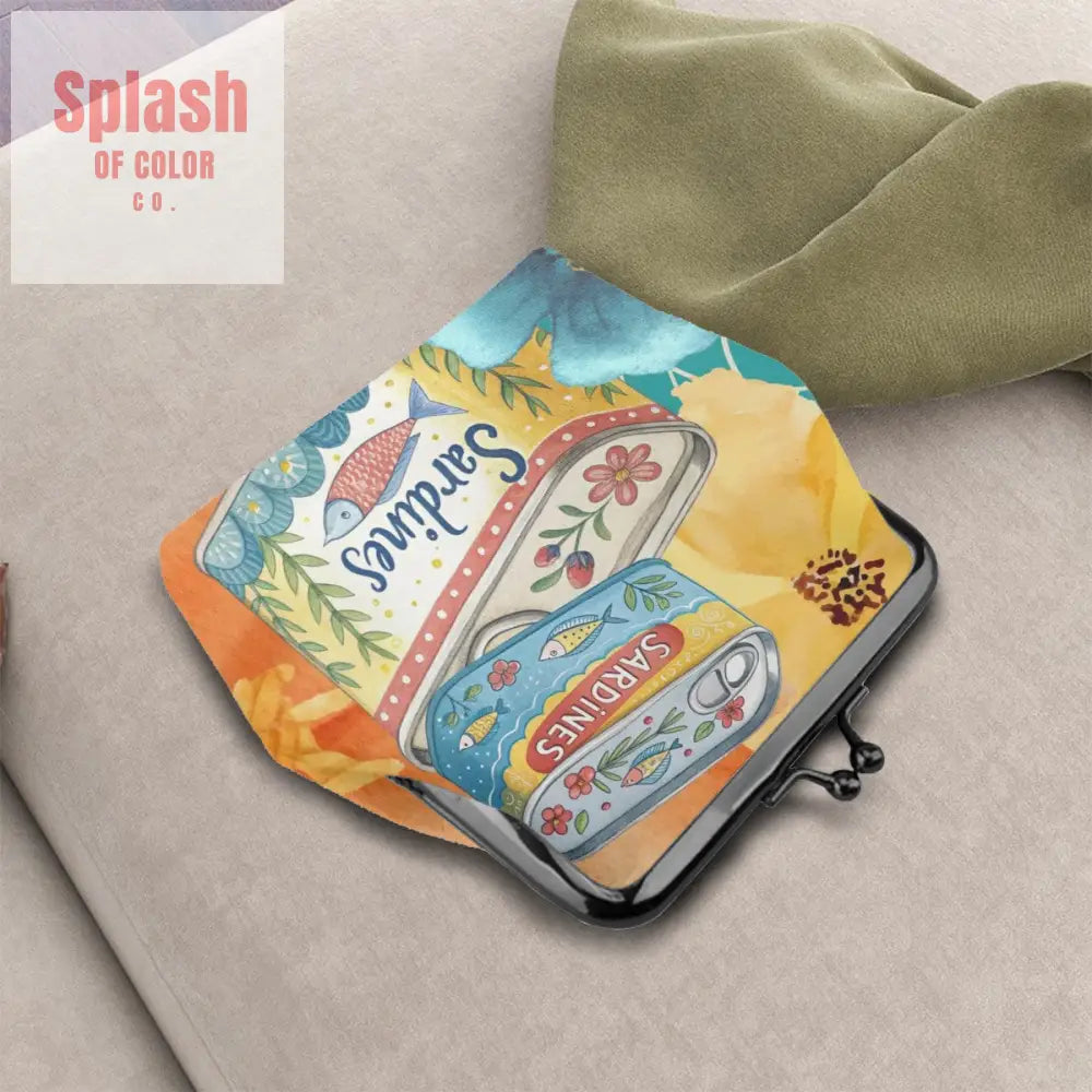 Watercolor Tinned Sardines Women’s Leather Kiss Lock Coin Purse - 4.5’’x4.1’’ - Wallet