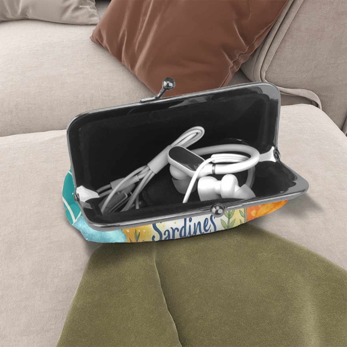Watercolor Tinned Sardines Women’s Leather Kiss Lock Coin Purse - 4.5’’x4.1’’ - Wallet