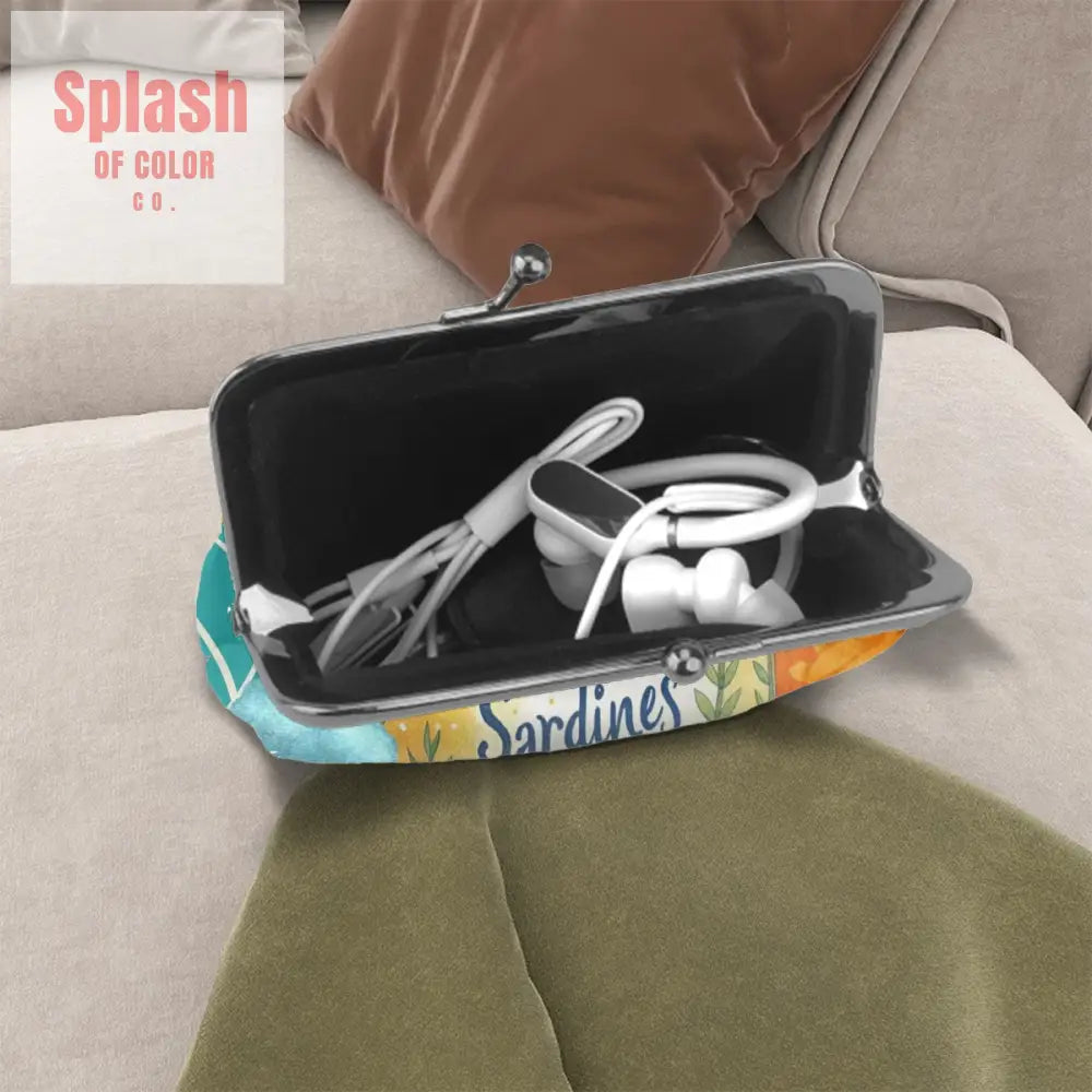 Watercolor Tinned Sardines Women’s Leather Kiss Lock Coin Purse - 4.5’’x4.1’’ - Wallet
