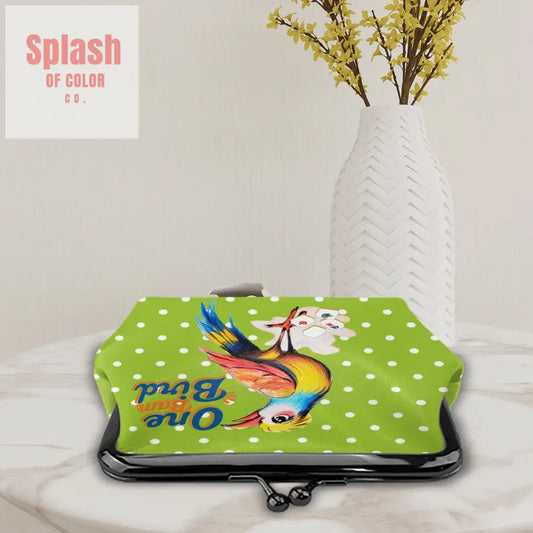 Whimsical Citrus Green Polka Dot One Bam Bird Mahjong Lover Gift Women’s Kiss Lock Coin Purse 4.5’’x4.1’’ Wallet