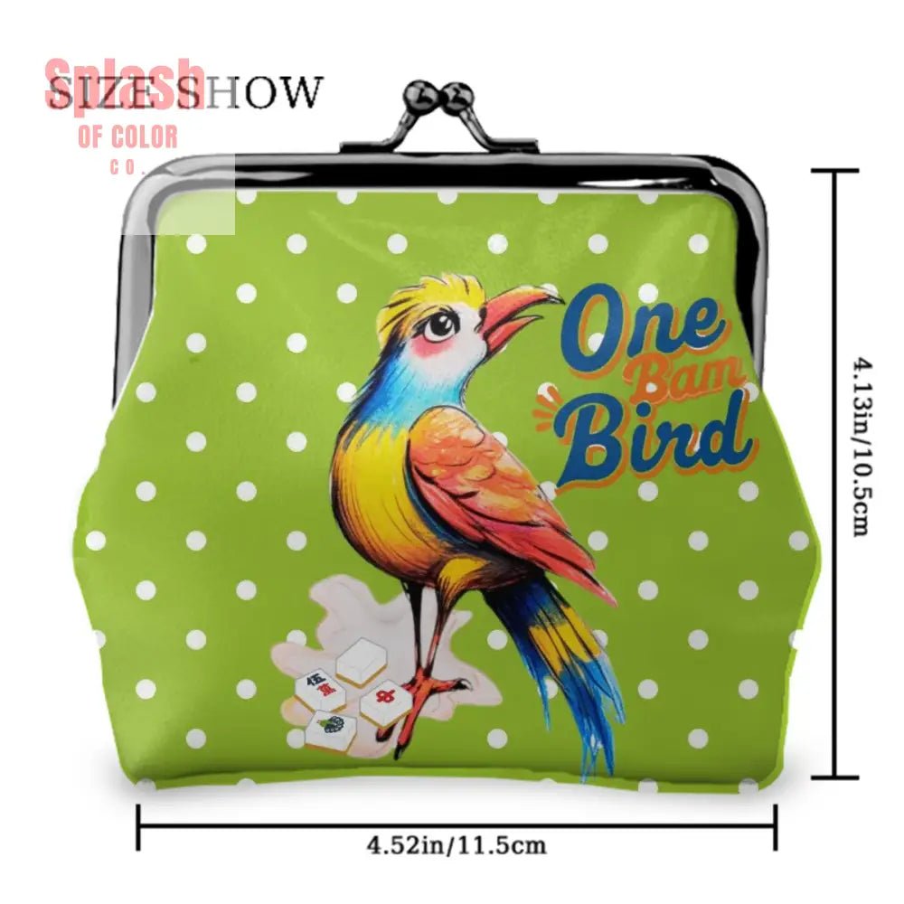 Whimsical Citrus Green Polka Dot One Bam Bird Mahjong Lover Gift Women’s Kiss Lock Coin Purse 4.5’’x4.1’’ Wallet