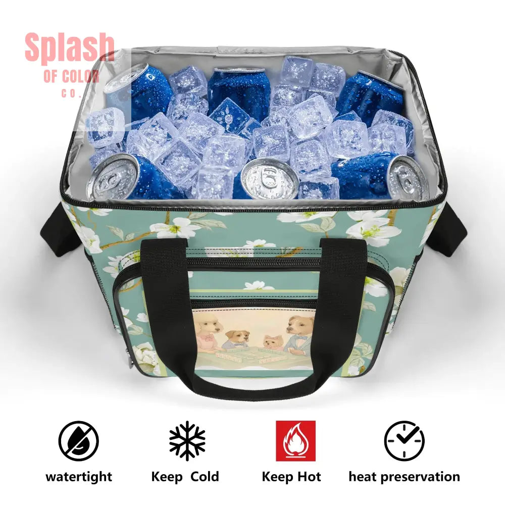 Whimsical Dogs Playing Mahjong Floral Asian Designed Cooler Bag For Game Nights Or Pool Side