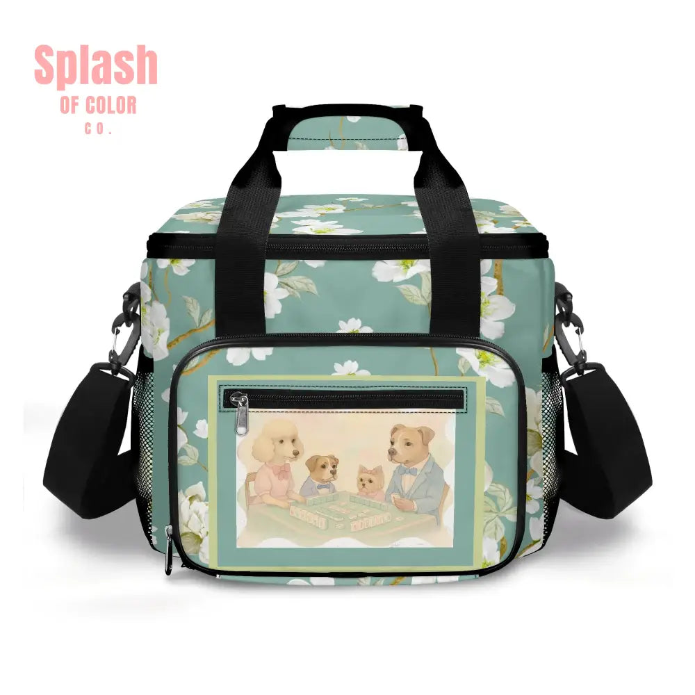 Whimsical Dogs Playing Mahjong Floral Asian Designed Cooler Bag For Game Nights Or Pool Side