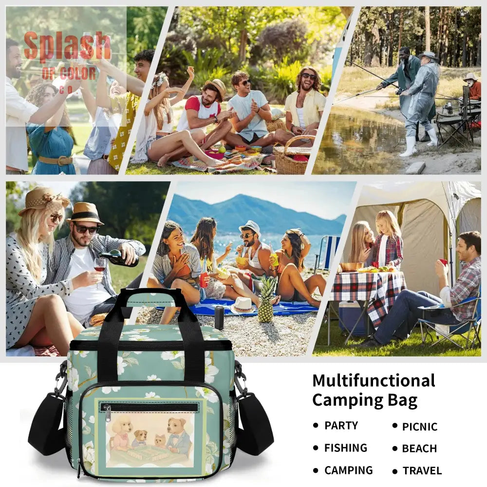 Whimsical Dogs Playing Mahjong Floral Asian Designed Cooler Bag For Game Nights Or Pool Side