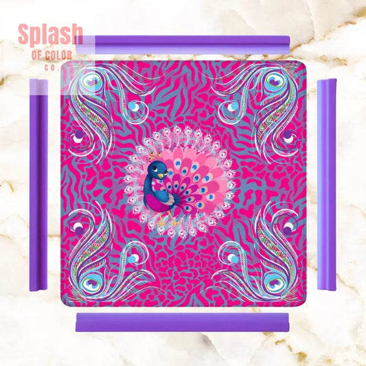 Whimsical Floral Peacock, Tortoise Pink Blue Magical Mahj Mat - Splash of Color co.