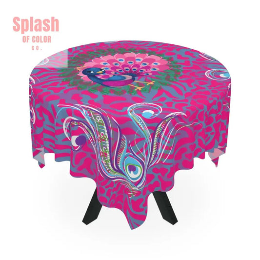Whimsical Floral Peacock, Tortoise Pink Blue Magical Mahj Tablecloth - Splash of Color co.