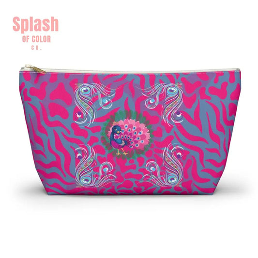 Whimsical Floral Peacock, Tortoise Pink Blue Magical Mahj Tile Pouch - Splash of Color co.
