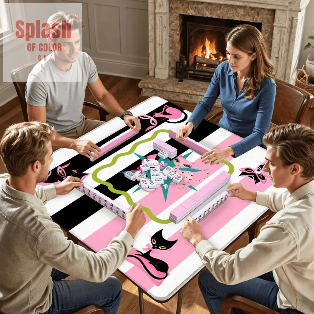 Whimsical Kitty Land Pink Black Feline Fine Mahjong Mat - Daily Accessories