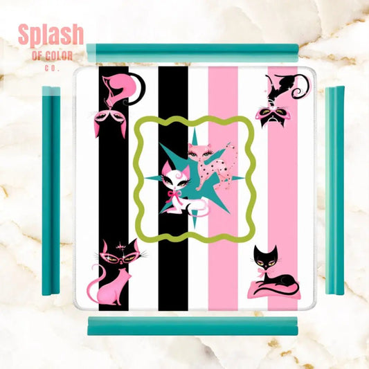 Whimsical Kitty Land, Pink Black Feline Fine Mahjong Mat - Splash of Color co.