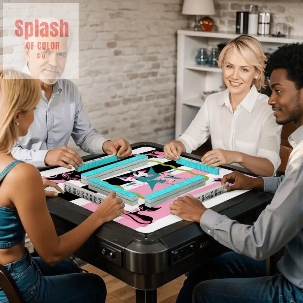 Whimsical Kitty Land, Pink Black Feline Fine Mahjong Mat - Splash of Color co.