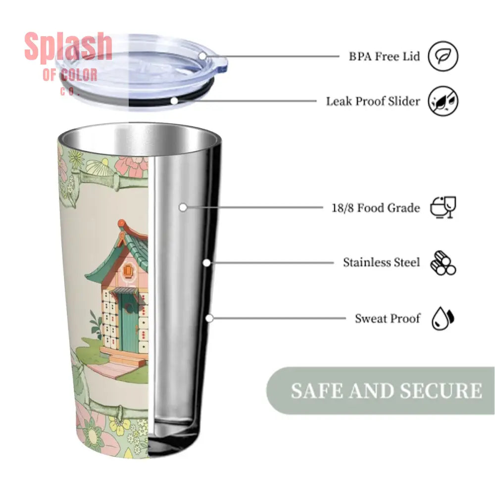 Whimsical Mahjong Floral Heritage Designed Green Pink Stainless Steel Insulated Tumblers with Lid & Straw (20oz)