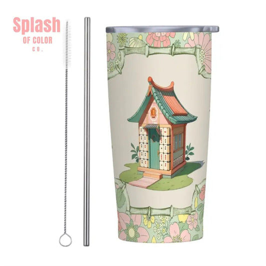 Whimsical Mahjong Floral Heritage Designed Green Pink Stainless Steel Insulated Tumblers with Lid & Straw (20oz) - Splash of Color co.