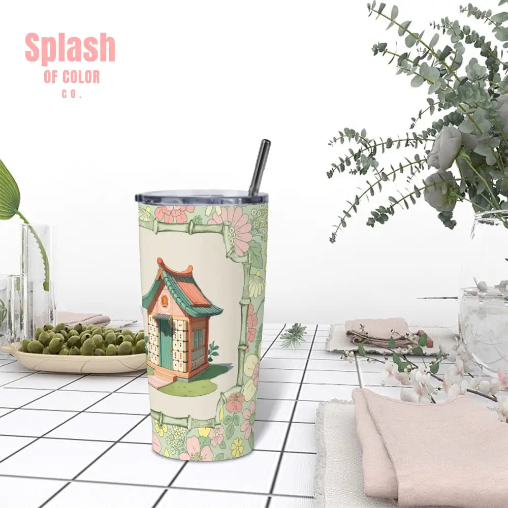 Whimsical Mahjong Floral Heritage Designed Green Pink Stainless Steel Insulated Tumblers with Lid & Straw (20oz)