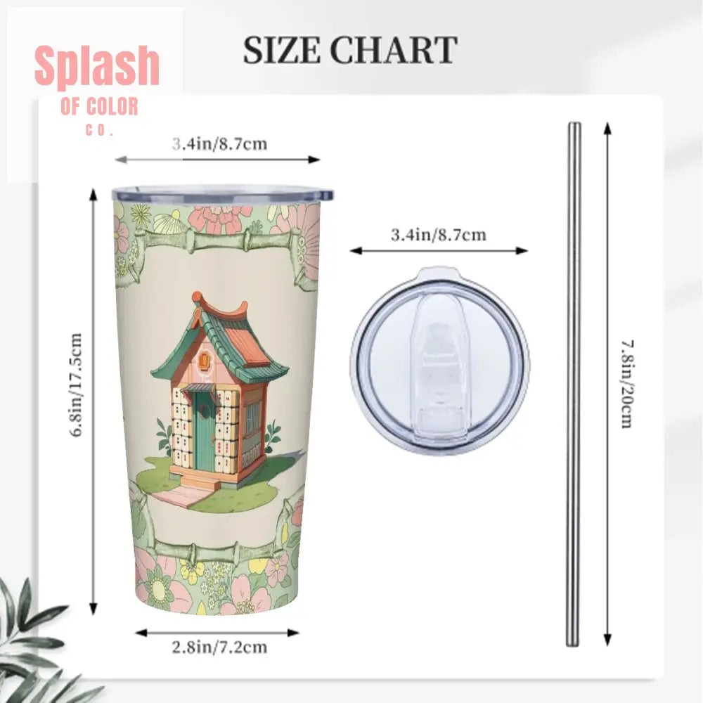 Whimsical Mahjong Floral Heritage Designed Green Pink Stainless Steel Insulated Tumblers with Lid & Straw (20oz)