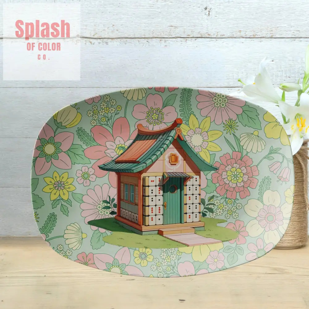 Whimsical Mahjong House Hostess Platter Vintage Floral Designed Kitchenware