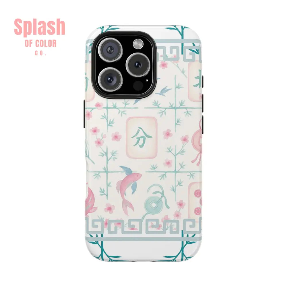 Whimsical Mahjong Tile Pastel Preppy Tough Phone Cases with Vibrant Oriental Designs Mahj Lover Gift iPhone 16 Pro