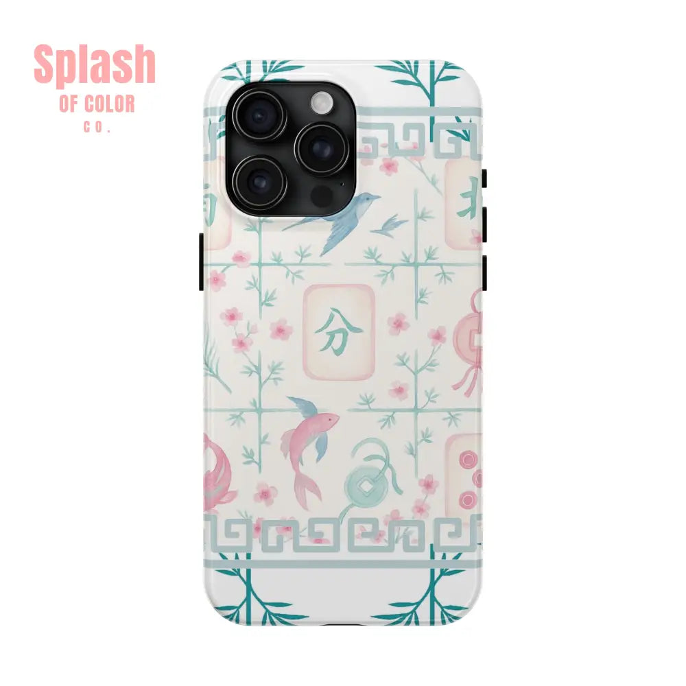 Whimsical Mahjong Tile Pastel Preppy Tough Phone Cases with Vibrant Oriental Designs Mahj Lover Gift iPhone 15 Pro Max