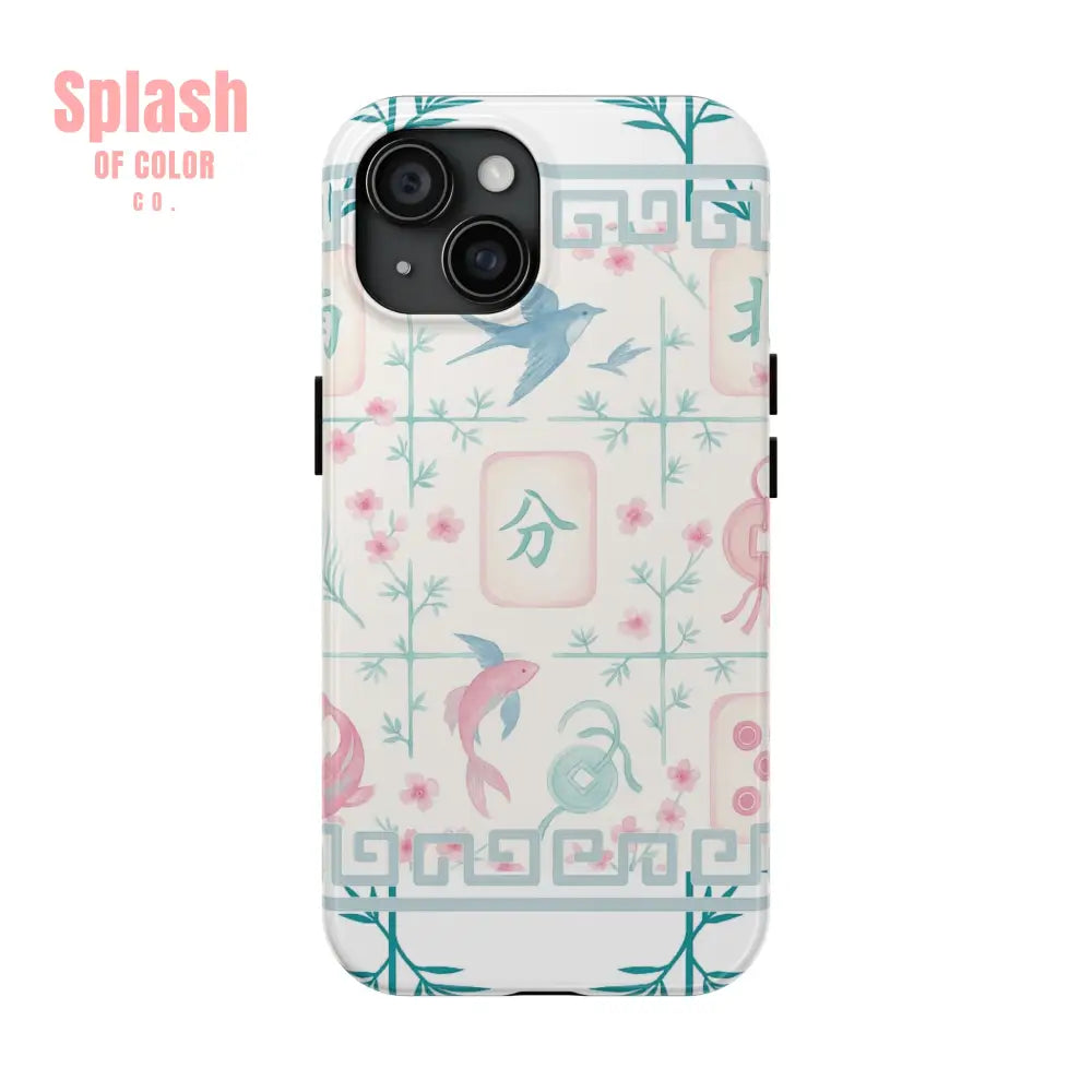 Whimsical Mahjong Tile Pastel Preppy Tough Phone Cases with Vibrant Oriental Designs Mahj Lover Gift iPhone 15 Phone