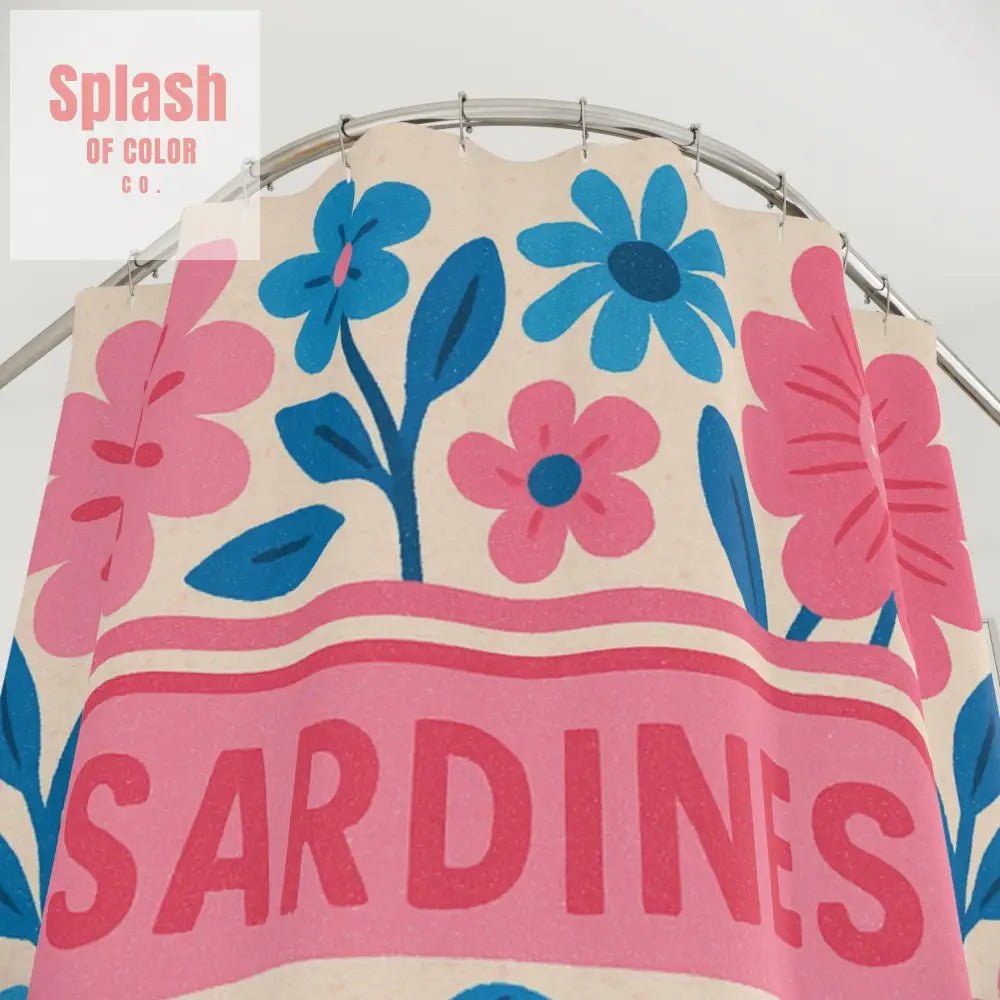 Whimsical Sardines Tinned Fish Pink Baby Blue Shower Curtain | Floral Bathroom Decor Ocean Theme Nautical Home Accent