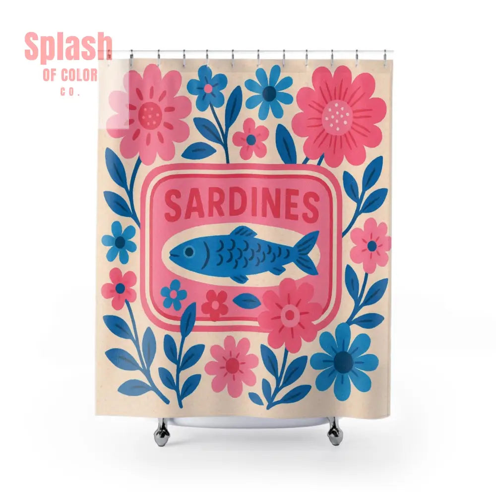 Whimsical Sardines Tinned Fish Pink Baby Blue Shower Curtain | Floral Bathroom Decor Ocean Theme Nautical Home Accent