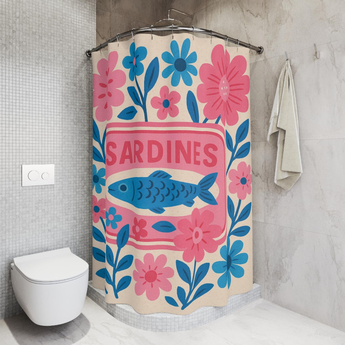 Whimsical Sardines Tinned Fish Pink Baby Blue Shower Curtain | Floral Bathroom Decor Ocean Theme Nautical Home Accent
