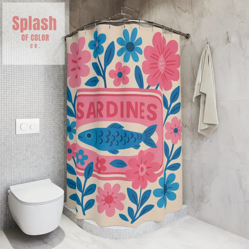 Whimsical Sardines Tinned Fish Pink Baby Blue Shower Curtain | Floral Bathroom Decor Ocean Theme Nautical Home Accent