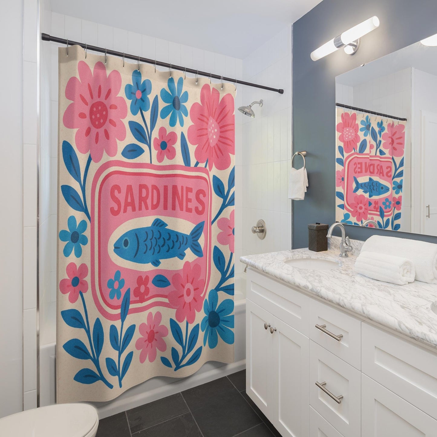 Whimsical Sardines Tinned Fish Pink Baby Blue Shower Curtain | Floral Bathroom Decor Ocean Theme Nautical Home Accent