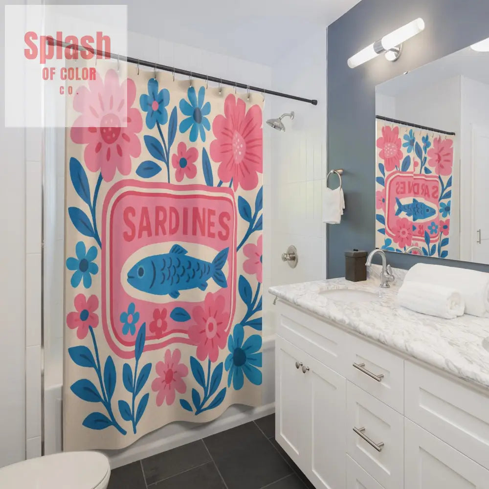 Whimsical Sardines Tinned Fish Pink Baby Blue Shower Curtain | Floral Bathroom Decor Ocean Theme Nautical Home Accent