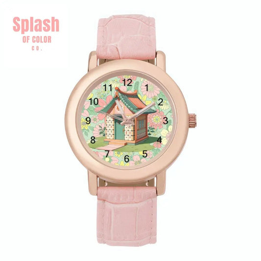 Preppy Cottagecore Mahjong Floral Pink Green Women's Leather Watch - Splash of Color co.