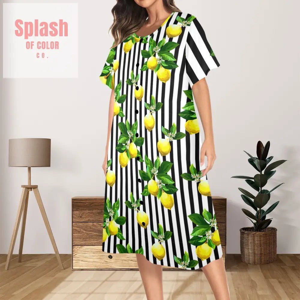 Zesty Lemon Black And White Striped Preppy Women's Muumuu Dress - Splash of Color Co. L Zesty Lemon Black And White Striped Preppy Women's Muumuu Dress - Splash of Color Co. L